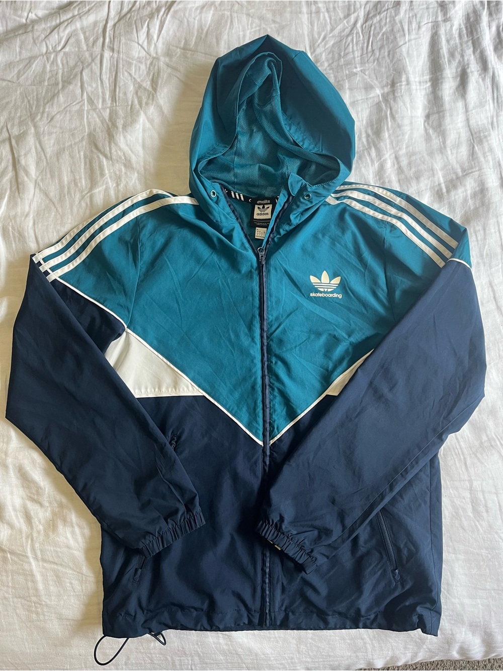 adidas skateboarding Armalite Teal & Navy Hooded Windbreaker with White Accents